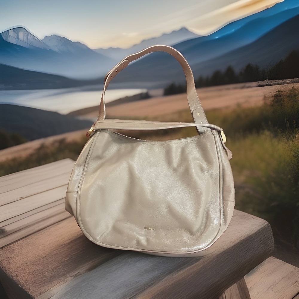 Furla Leather Made In Italy Lara Hobo Bag Taupe/Muddy Gray Double Strap Large